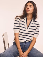Mint Velvet White Striped Knit Denim Detail Jumper - Image 4 of 8