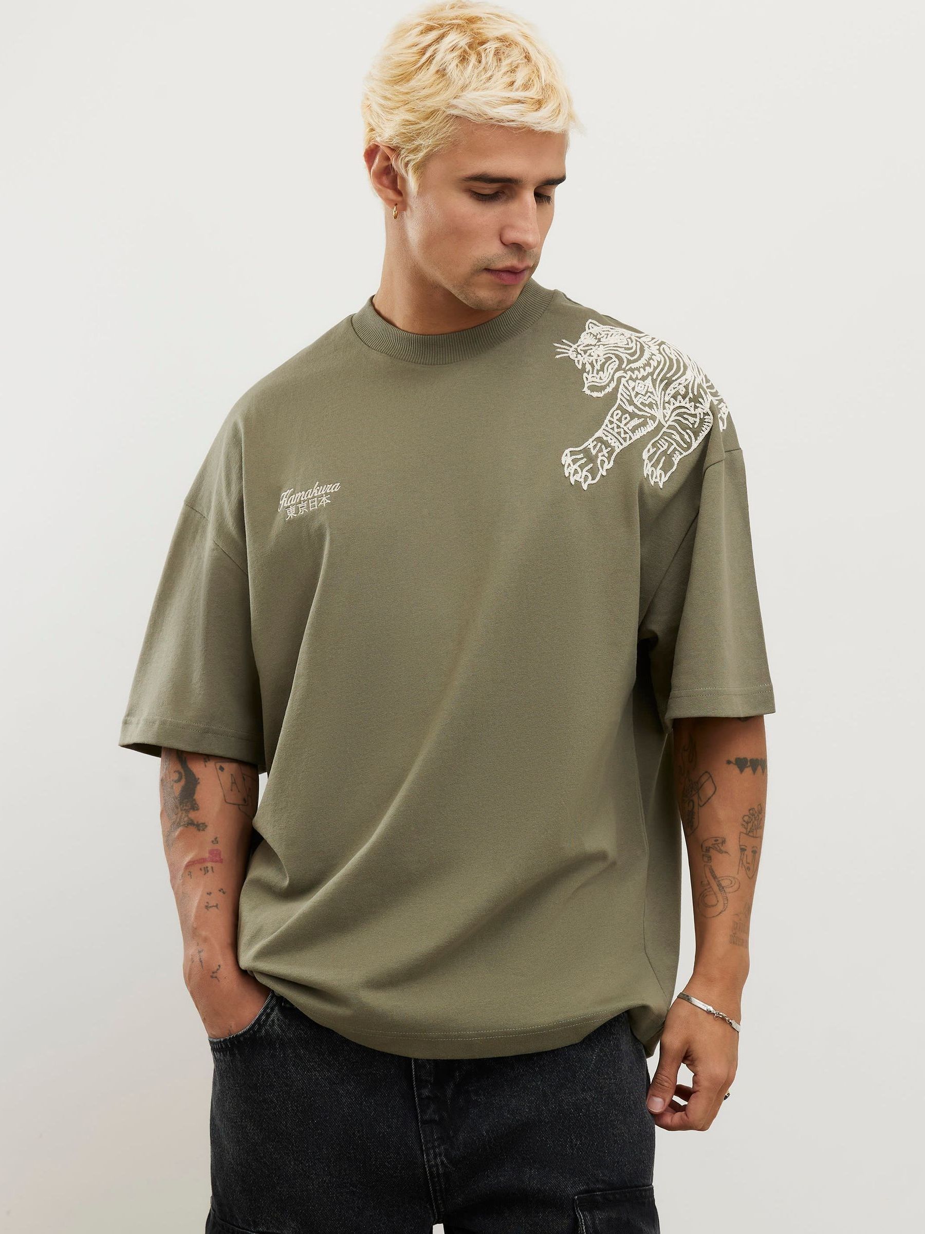 Buy River Island Green Oversized Graphic Tiger Embroidered T-Shirt