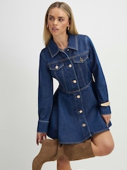 River Island Blue Petite Denim Button Through Mini Dress - Image 1 of 4