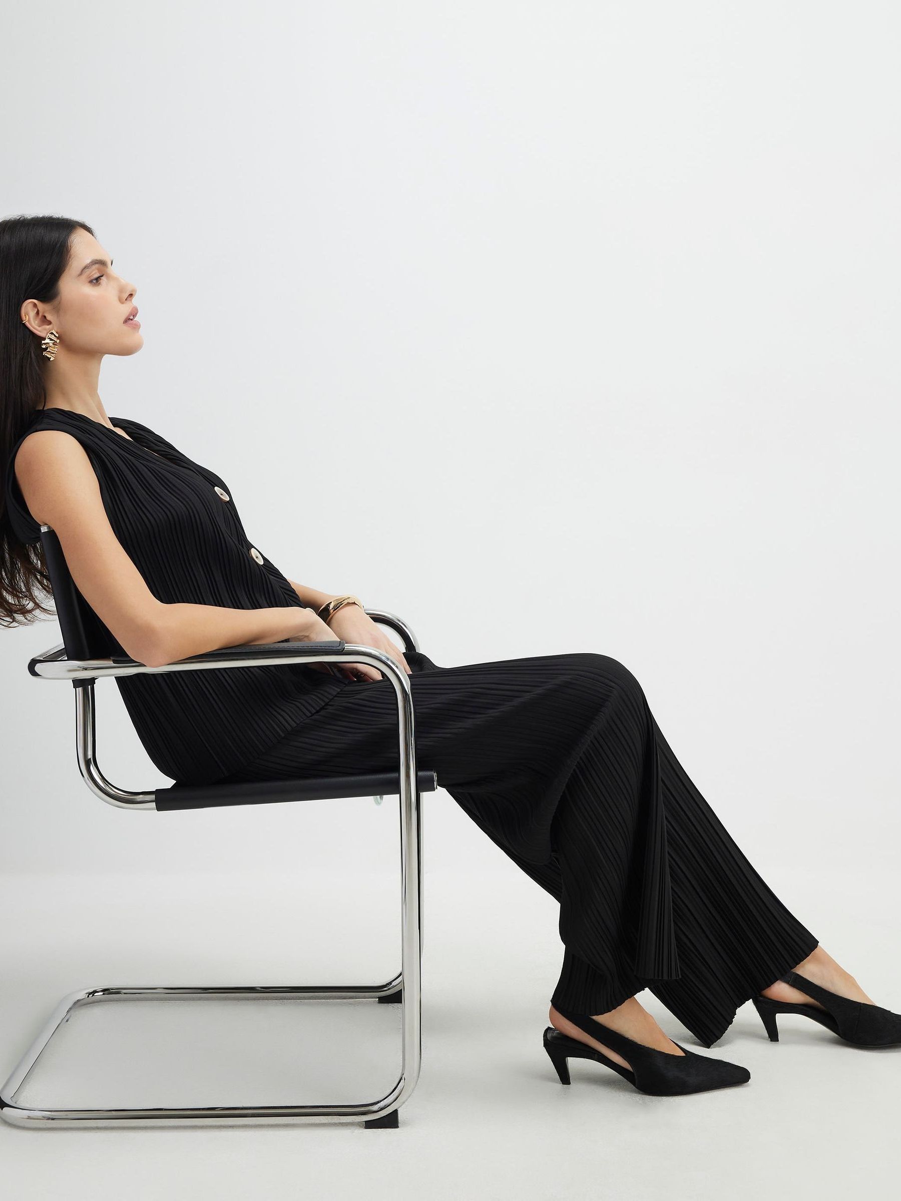 Buy River Island Black Plisse Wide Leg Elasticated Trousers from