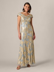 Adrianna Papell Blue Foil Leaf Mermaid Gown - Image 1 of 6