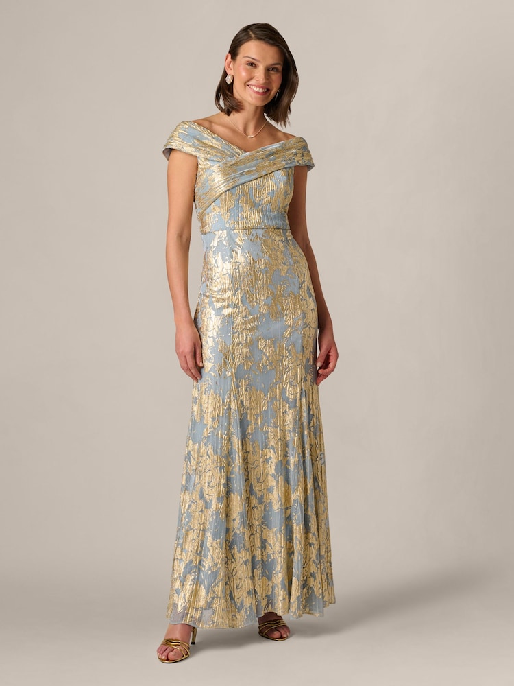 Adrianna Papell Blue Foil Leaf Mermaid Gown - Image 1 of 6 Adrianna Papell Blue Foil Leaf Mermaid Gown - Image 1 of 6