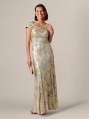 Adrianna Papell Blue Foil Leaf Mermaid Gown - Image 4 of 6