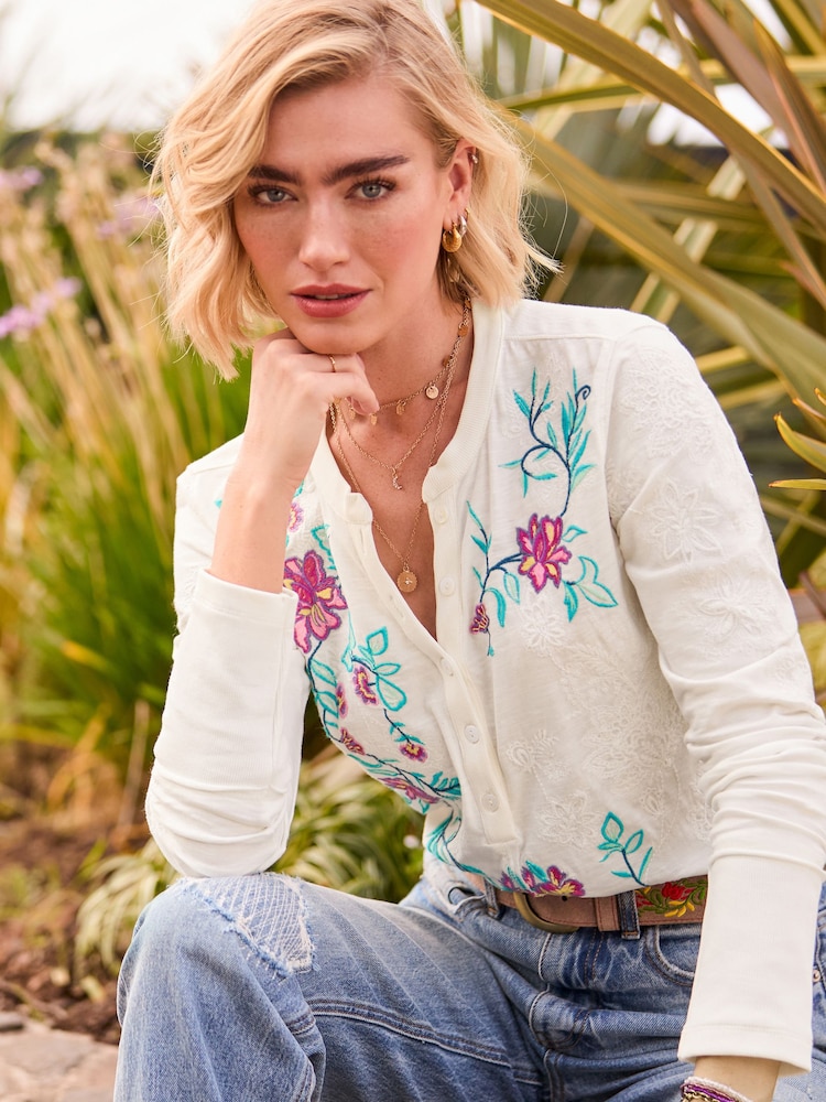 Joe Browns White Fabulous Floral Embroidered Henley Top - Image 1 of 6