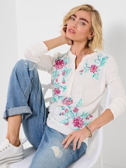 Joe Browns White Fabulous Floral Embroidered Henley Top - Image 2 of 6
