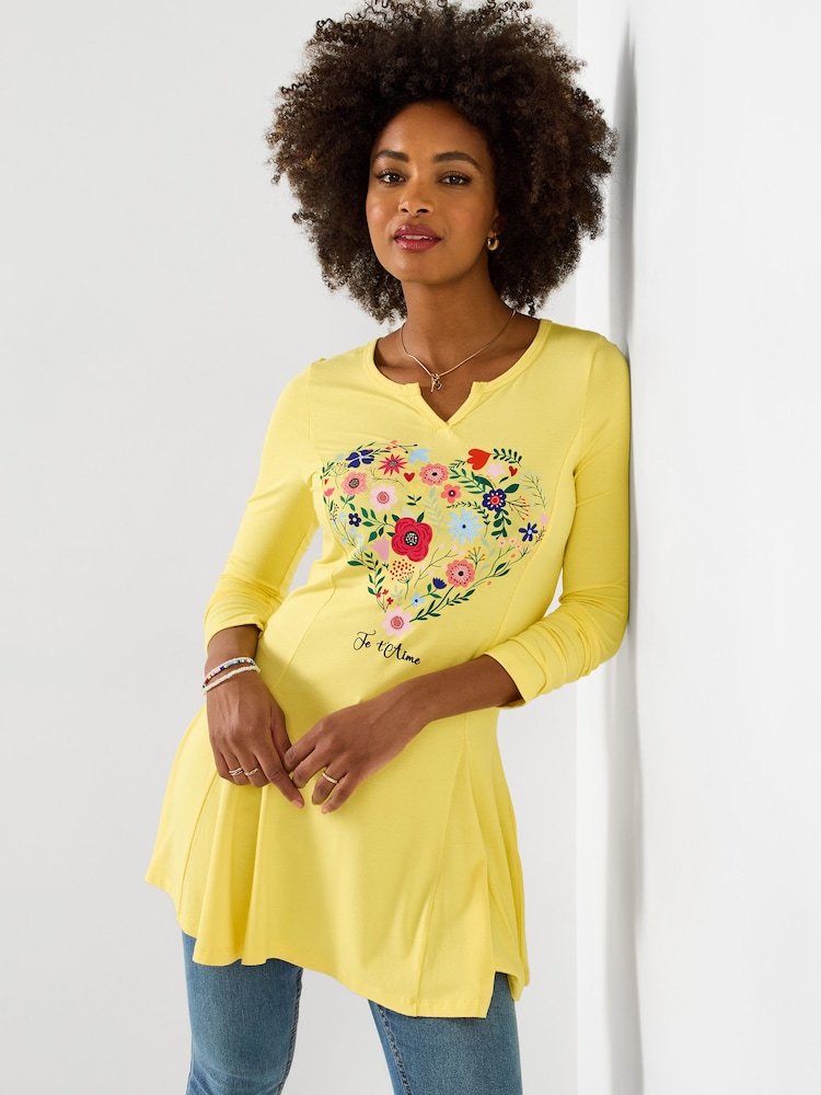 Joe Browns Yellow All The Love Graphic Longline Top - Image 1 of 5 Joe Browns Yellow All The Love Graphic Longline Top - Image 1 of 5