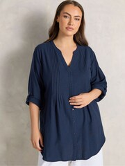 Evans Blue Linen Blend Pintuck Shirt - Image 1 of 5