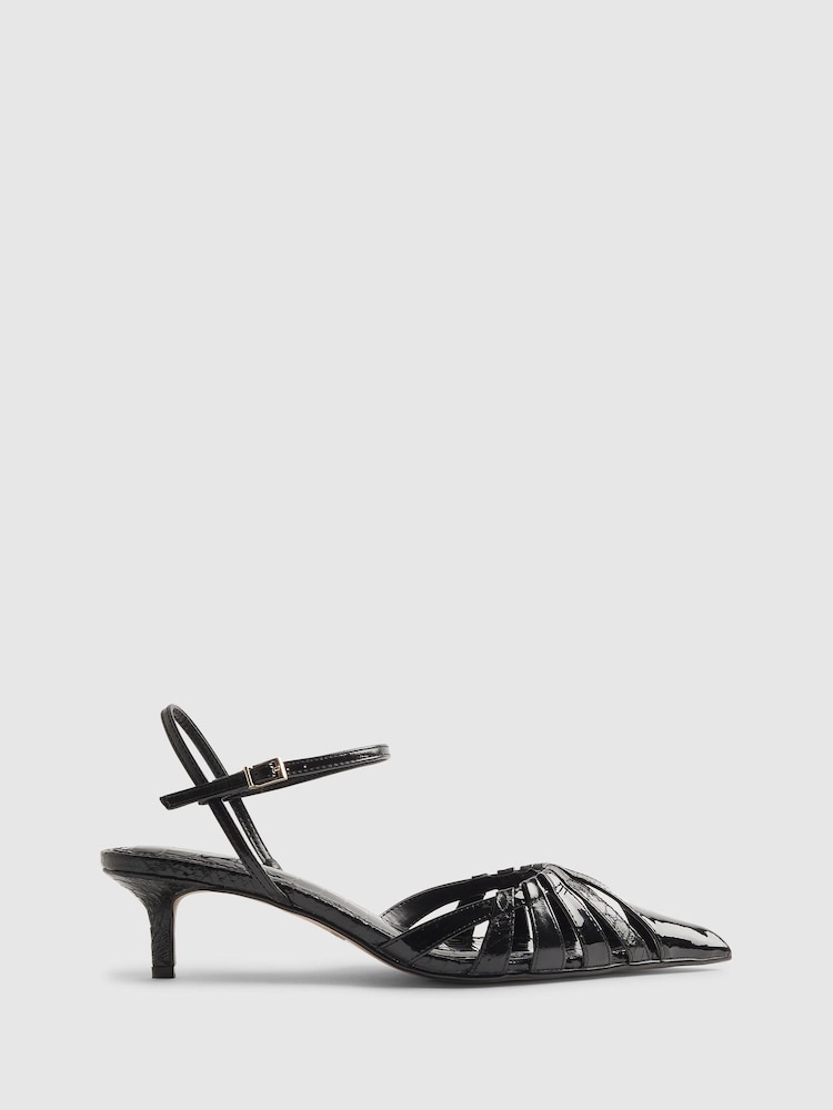 River Island Black Croc Patent Caged Detail Court - Image 1 of 6