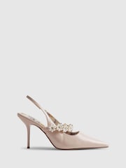 River Island Pink Flower Embellished Slingback Court Heel Sandals - Image 1 of 5