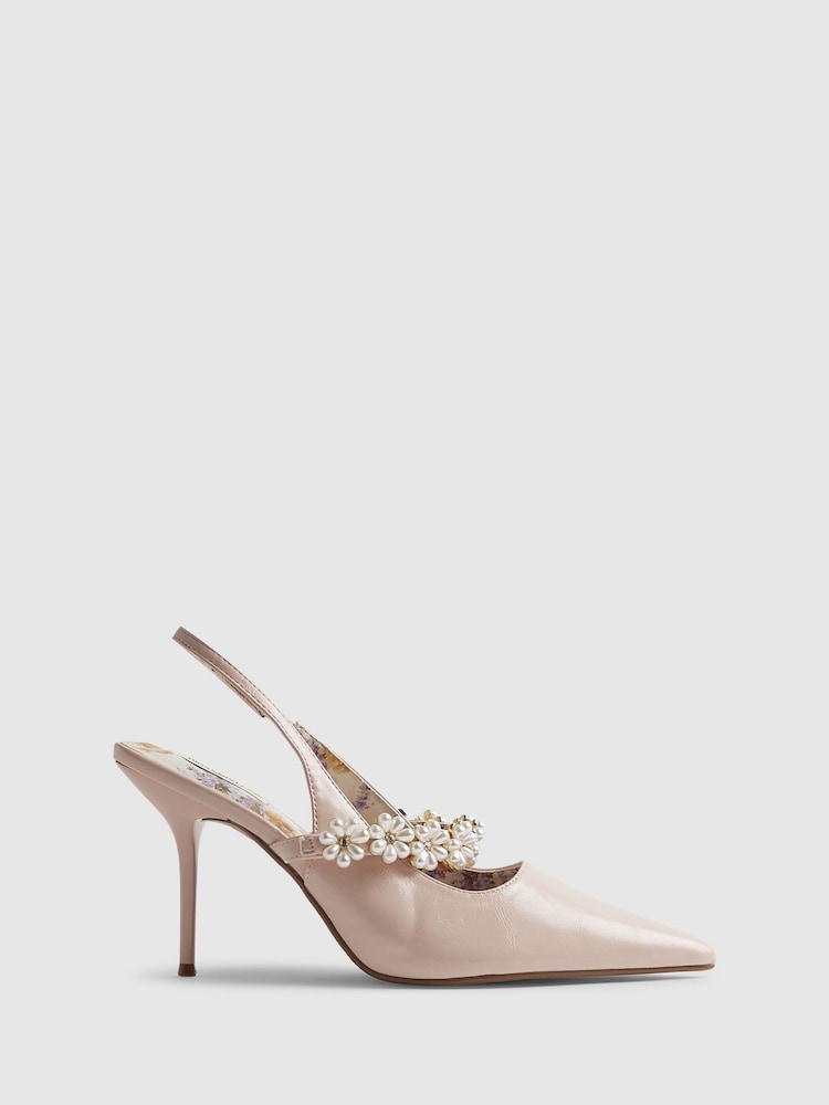 River Island Pink Flower Embellished Slingback Court Heel Sandals - Image 1 of 5