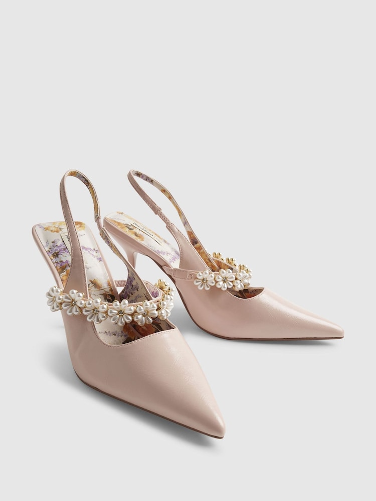 River Island Pink Flower Embellished Slingback Court Heel Sandals - Image 2 of 5