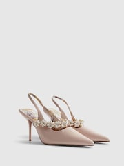 River Island Pink Flower Embellished Slingback Court Heel Sandals - Image 3 of 5