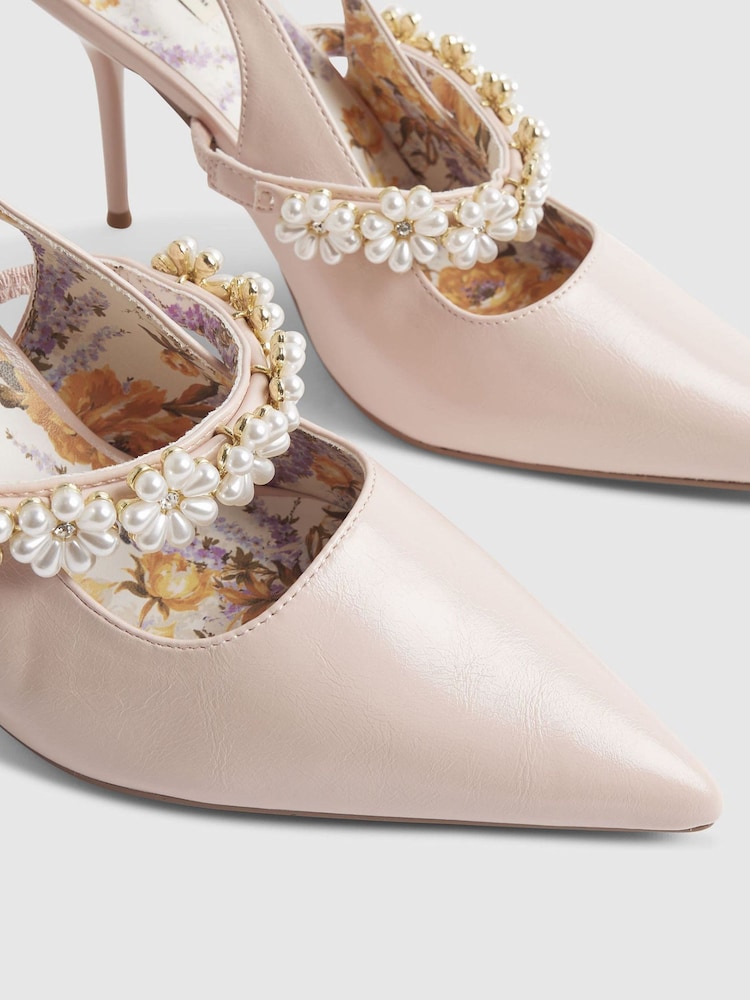 River Island Pink Flower Embellished Slingback Court Heel Sandals - Image 5 of 5