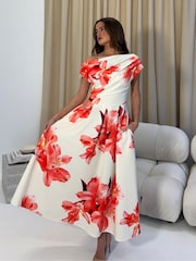Girl In Mind White Betty Asymmetric Neckline Skater Midi Dress - Image 1 of 6