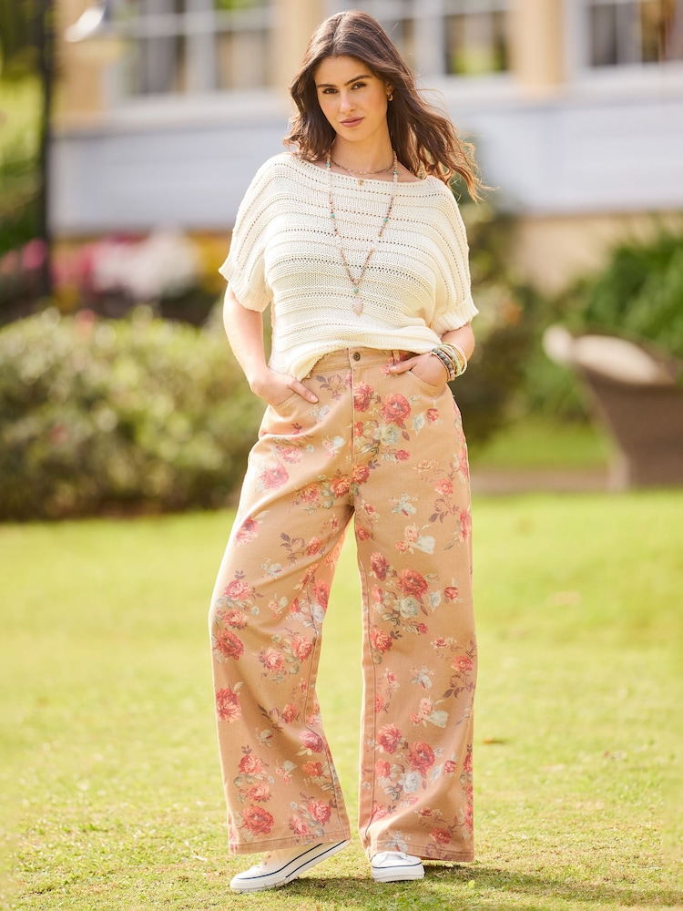 Joe Browns Brown Isla Printed Floral Wide Leg Trousers - Image 1 of 6 Joe Browns Brown Isla Printed Floral Wide Leg Trousers - Image 1 of 6