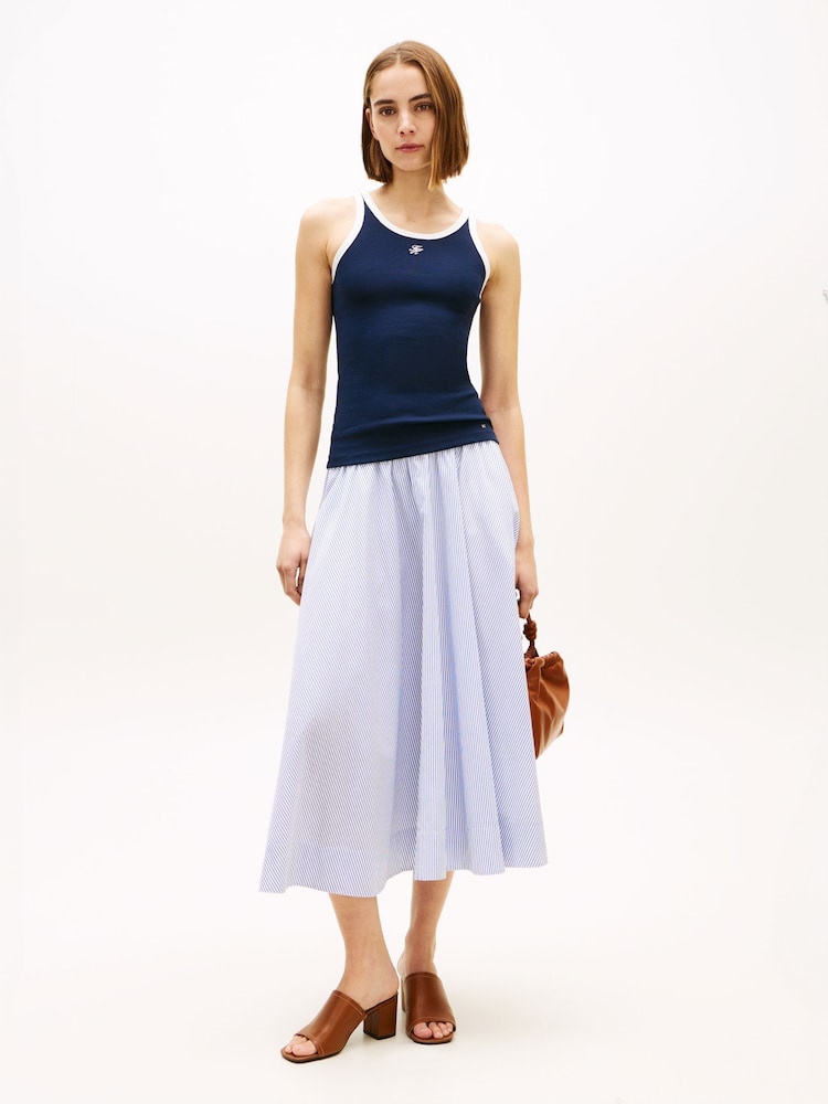 Tommy Hilfiger Blue Logo Waistband Midi A-Line Skirt - Image 2 of 5 Tommy Hilfiger Blue Logo Waistband Midi A-Line Skirt - Image 2 of 5