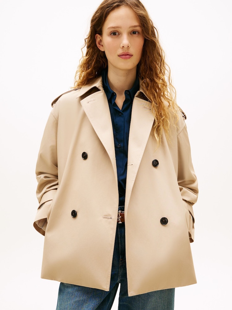 Tommy Hilfiger Cream Water Repellent Relaxed Short Trench Coat - Image 1 of 5
