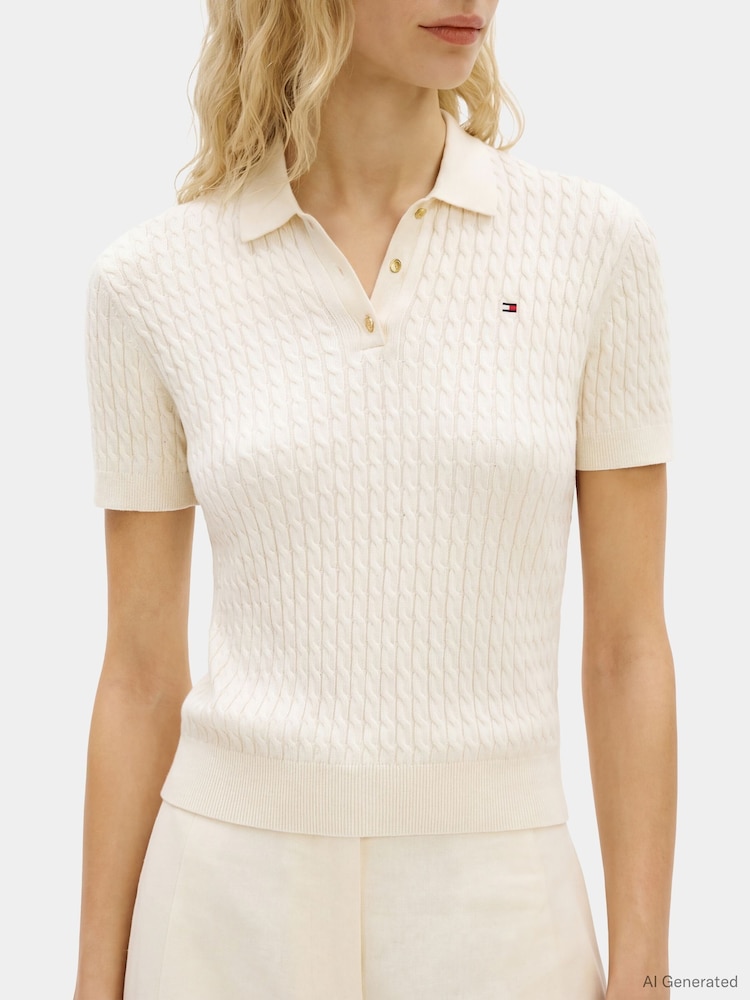 Tommy Hilfiger Natural Cable Knit Short Sleeve Polo Shirt - Image 2 of 5 Tommy Hilfiger Natural Cable Knit Short Sleeve Polo Shirt - Image 2 of 5