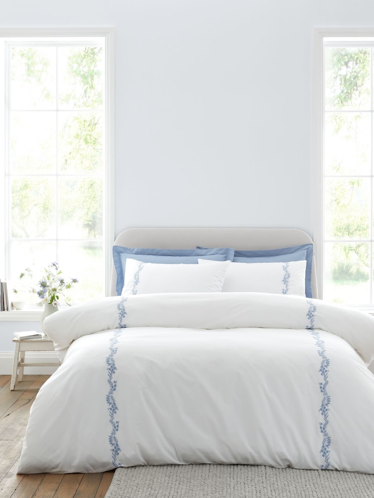 Bianca White Blue Camille Embroidered Floral Print Cotton Duvet Cover Set - Image 1 of 4 Bianca White Blue Camille Embroidered Floral Print Cotton Duvet Cover Set - Image 1 of 4