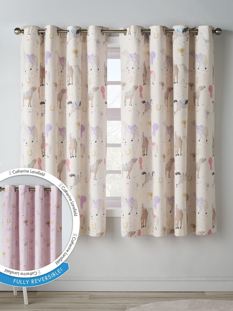 Catherine Lansfield Cream Happy Horses Reversible Eyelet Curtains - Image 1 of 5