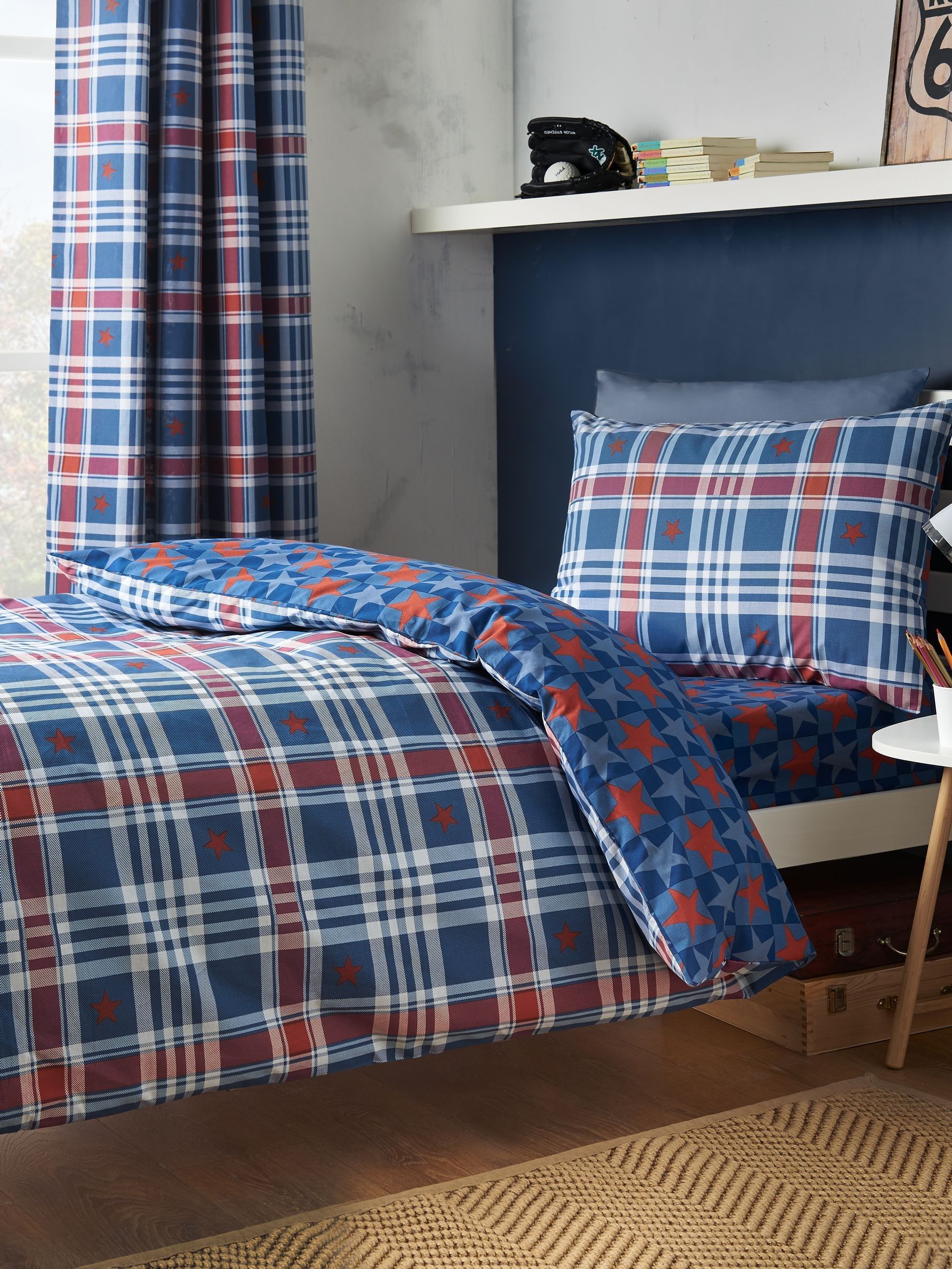 Cat Blue Catherine Lansfield Stars And Check Duvet Cover Set - Image 5