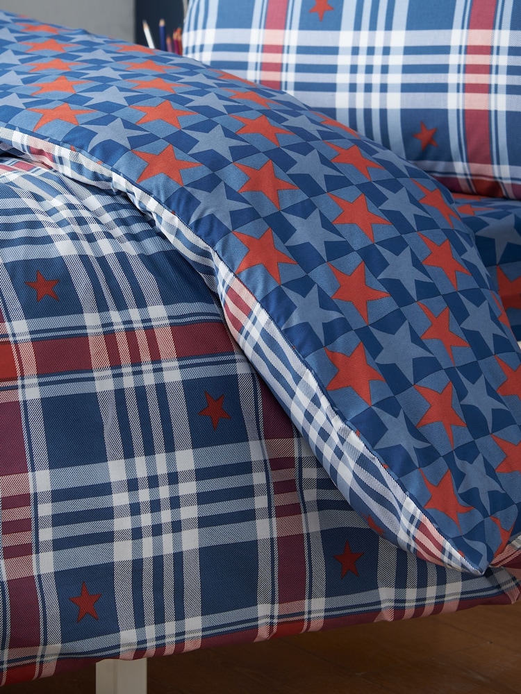 Catherine Lansfield Stars And Check Reversible Duvet Cover Set - תמונה 4 מתוך 4