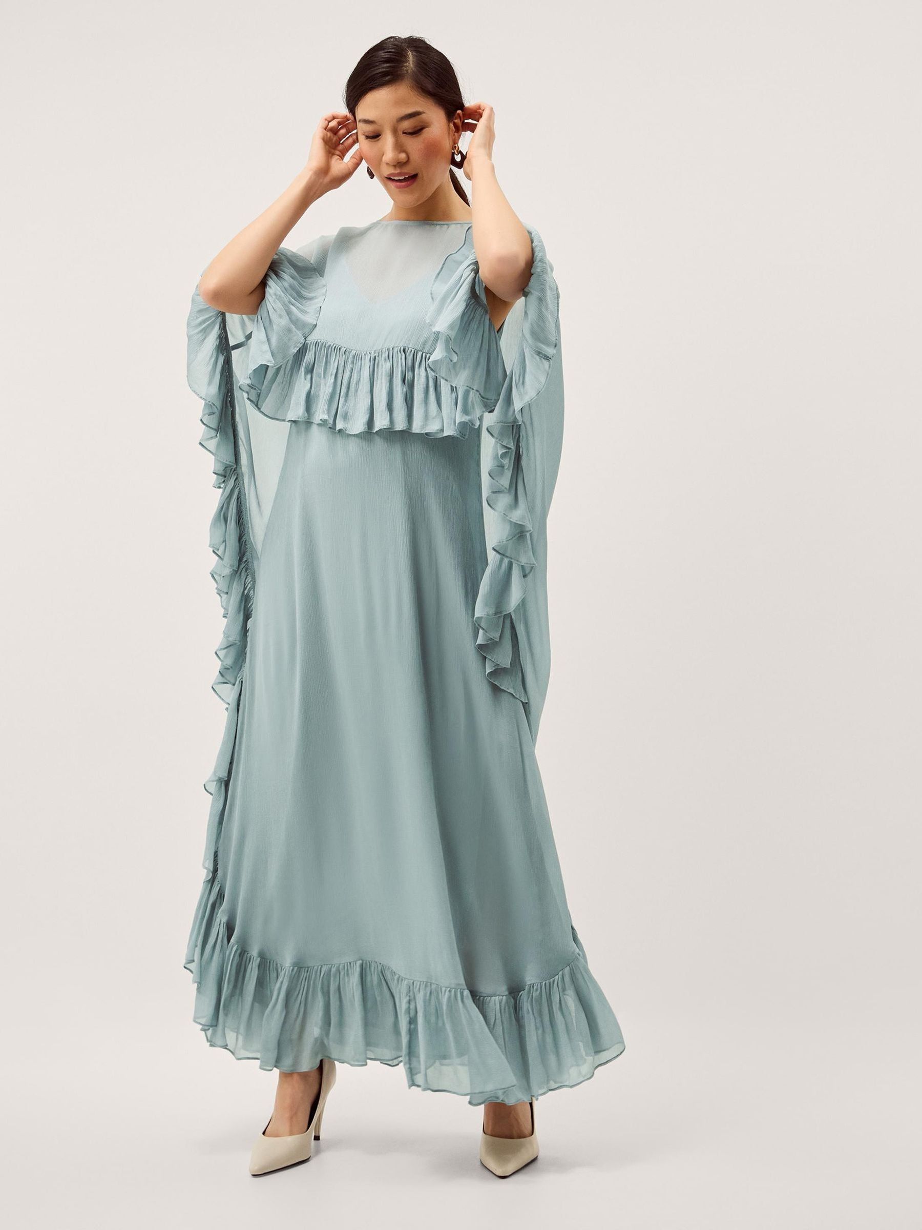blue ruffle cape dress Light Blue Chiffon A-line V-neck Open Back Beaded Prom Dress with Sweep  Train, MP266 – Musebridals main image 1