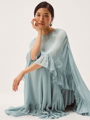 Monsoon Blue Jodie Ruffle Cape Chiffon Maxi Dress - Image 4 of 5