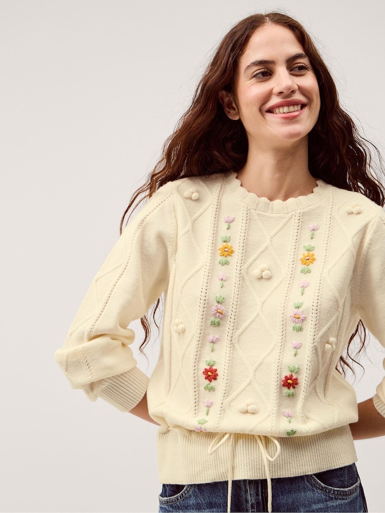 Monsoon Cream Elsie Floral Embroidered Cable Knit Jumper - Image 1 of 5