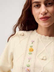 Monsoon Cream Elsie Floral Embroidered Cable Knit Jumper - Image 3 of 5
