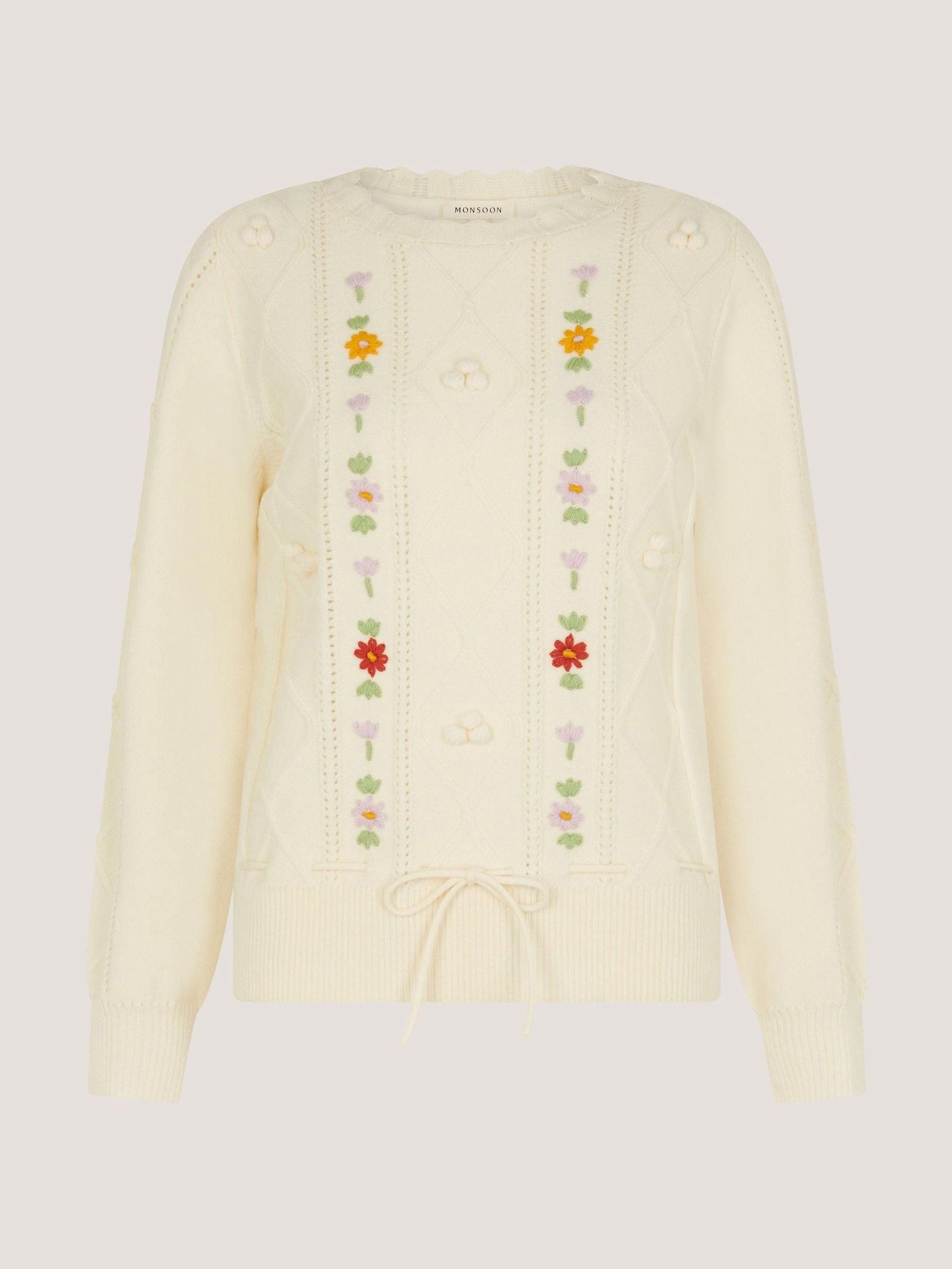 Buy Monsoon Cream Elsie Floral Embroidered Cable Knit Jumper from
