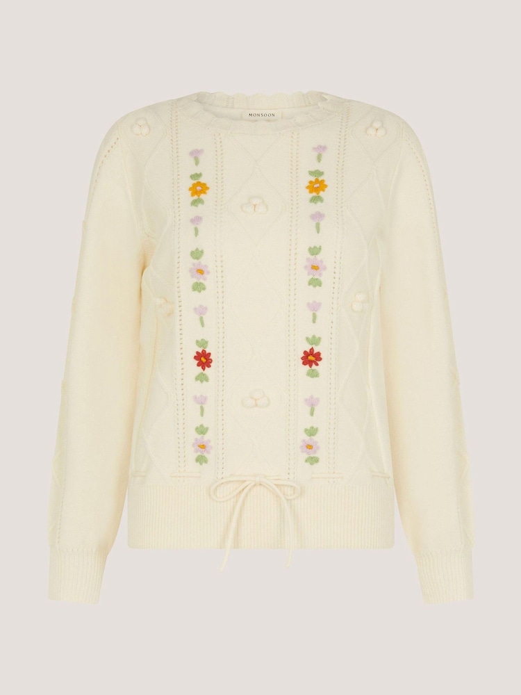 Monsoon Cream Elsie Floral Embroidered Cable Knit Jumper - Image 5 of 5