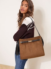 Lipsy Tan Brown Suedette Large Shoulder Tote Bag - Image 4 of 8