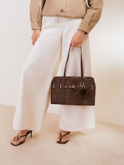 Friends Like These Chocolate Brown Suedette Shoulder Bowler Bag - Image 3 of 7