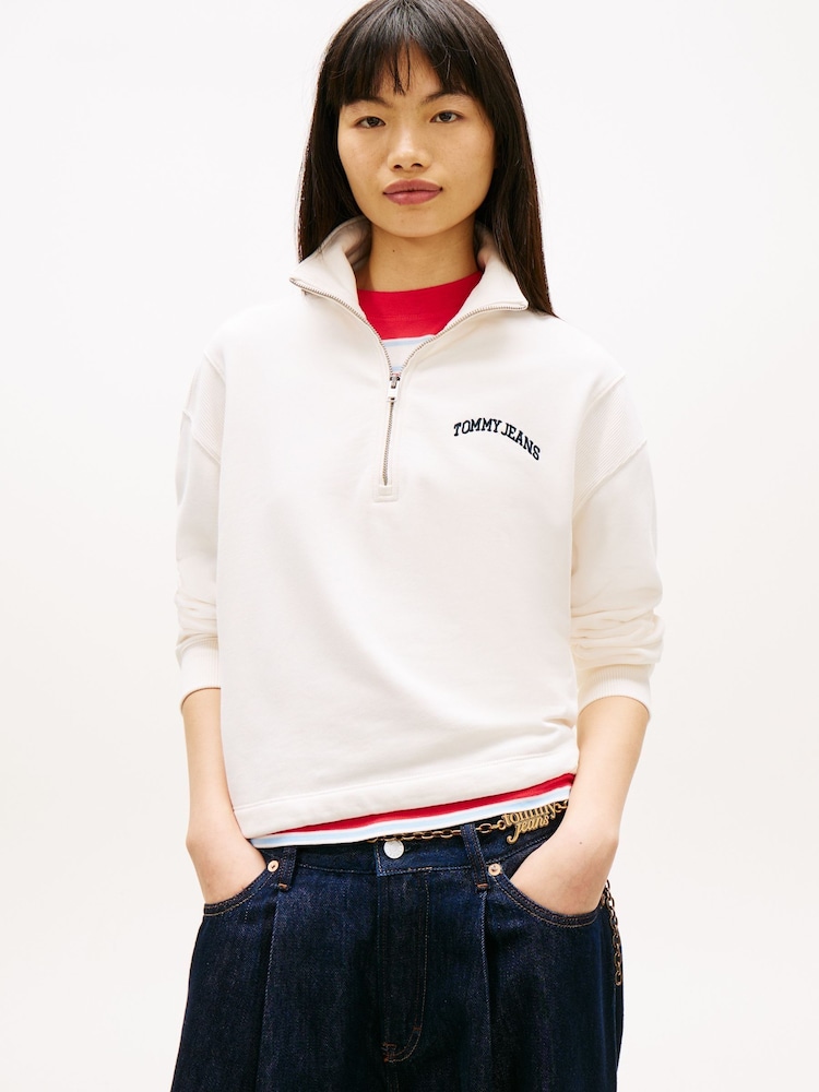 Tommy Jeans White Logo Embroidery Relaxed Quarter-Zip Sweatshirt - Image 1 of 5