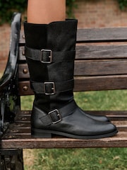Black Standard fit Forever Comfort® Pirate Knee High Pull On Leather Boots - Image 1 of 4