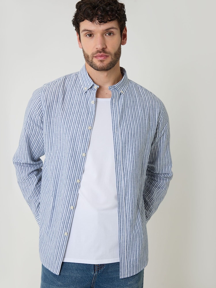 Threadbare Blue Stripe Linen Long Sleeve Shirt - Image 2 of 6 Threadbare Blue Stripe Linen Long Sleeve Shirt - Image 2 of 6
