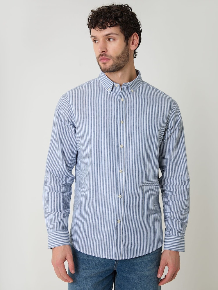 Threadbare Blue Stripe Linen Long Sleeve Shirt - Image 6 of 6 Threadbare Blue Stripe Linen Long Sleeve Shirt - Image 6 of 6