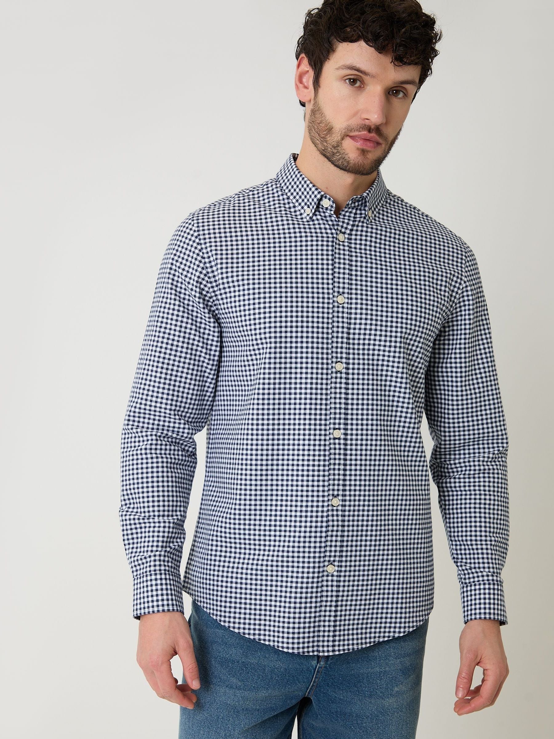Threadbare Men's Blue Cotton Long Sleeve Shirt In Navy Check - Image 2