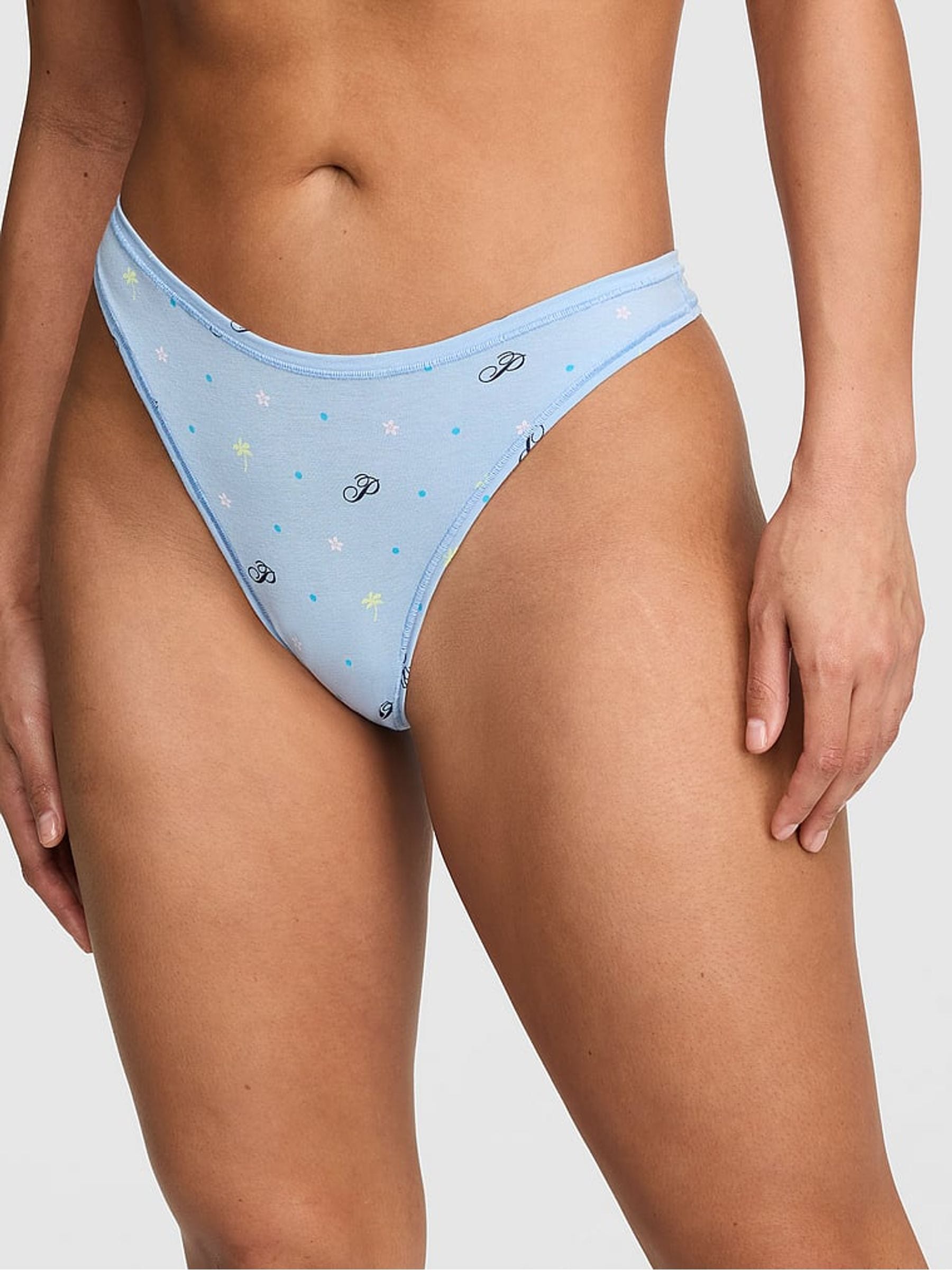 Victoria's Secret PINK Blue Dancer Floral Thong Cotton Knickers
