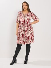 Yours Curve Red Abstract Tie Neck Dress - Image 1 of 5