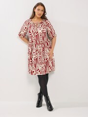 Yours Curve Red Abstract Tie Neck Dress - Image 2 of 5