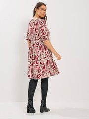 Yours Curve Red Abstract Tie Neck Dress - Image 3 of 5