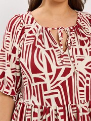 Yours Curve Red Abstract Tie Neck Dress - Image 4 of 5