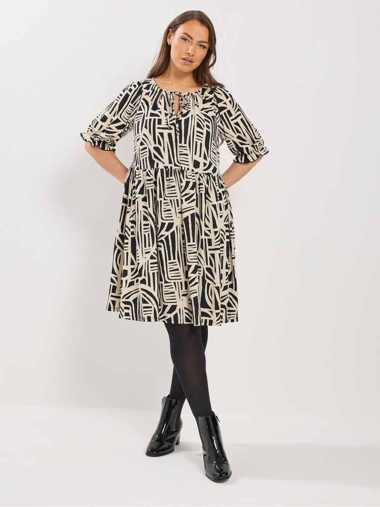 Yours Curve Black Abstract Tie Neck Dress - Image 2 of 5