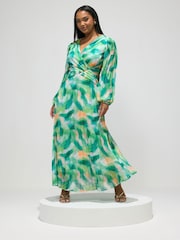 Yours Curve Green London Long Sleeve Pleated Maxi Dress - Image 1 of 5
