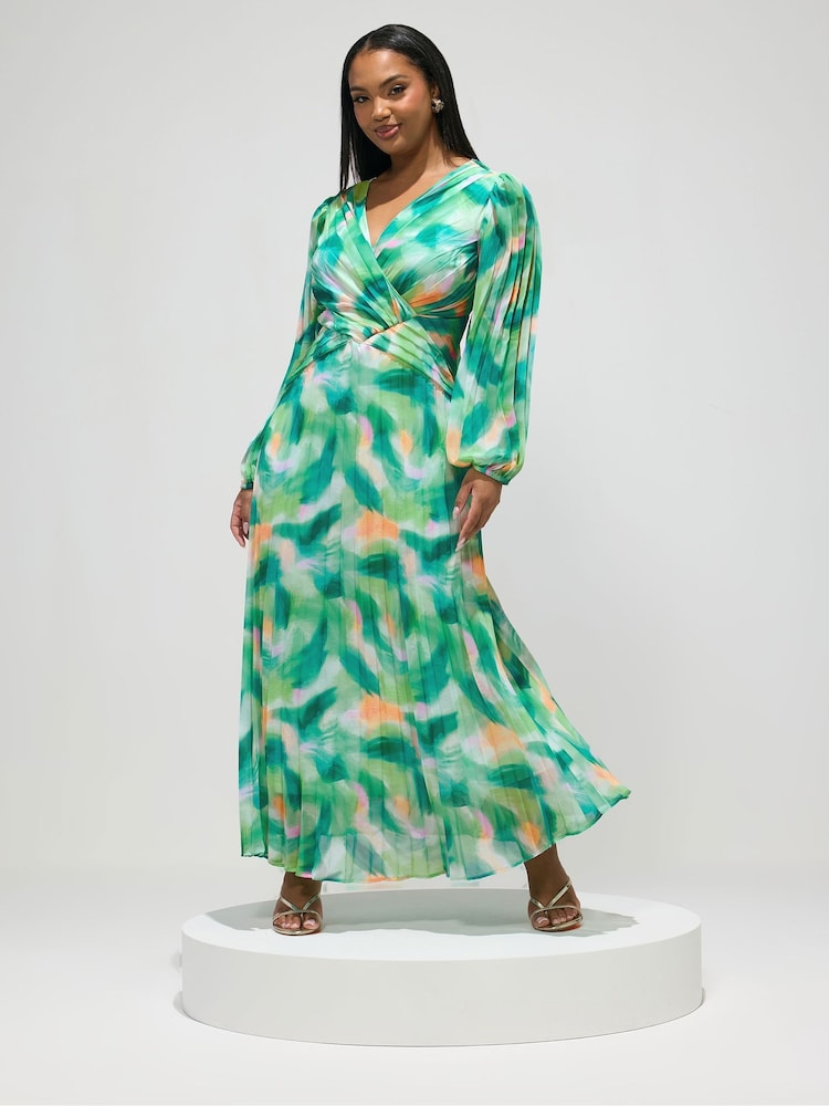Yours Curve Green London Long Sleeve Pleated Maxi Dress - Image 1 of 5