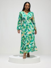 Yours Curve Green London Long Sleeve Pleated Maxi Dress - Image 2 of 5