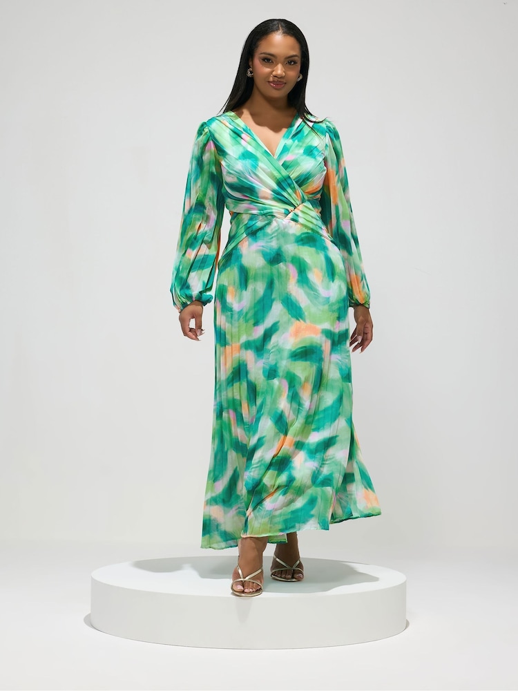 Yours Curve Green London Long Sleeve Pleated Maxi Dress - Image 2 of 5