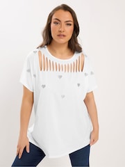 Yours Curve White Heart Embroidery Slash Top - Image 1 of 5